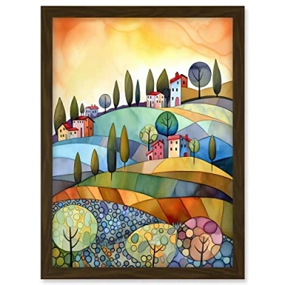 Image of Artery8 Italian Countryside Midsummer Landscape Folk Art Artwork Framed A3 Wall Print