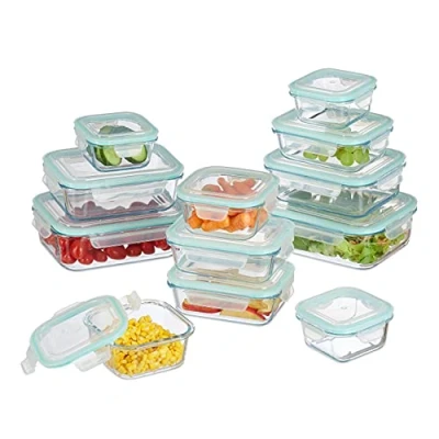 Image of Relaxdays 10029985 Glass Food Container Set, 12 Pieces, Snap Lid, BPA , Ovenproof, 5 Sizes, Rectangular Storage, Transparent, Plastic