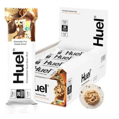 Image of Huel Complete Nutrition Bar, 12 x 55g Bars, Chocolate Chip Cookie Dough, High Protein Plant Based Low Sugar, Fibre, Snack with Vegan Chocolate, Under 200 Calories
