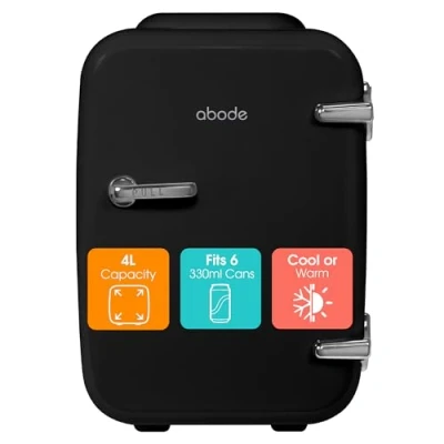 Image of Abode Black Mini Fridge A4CLR201B 4L/6 Can Portable Thermoelectric Cooler &amp; Warmer For Drinks, Cosmetics/Makeup/Skincare, AC/DC Power, Retro Style, Bedroom, Home, Caravan, Car