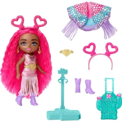 Image of Barbie Extra Minis Travel Doll With Desert Fashion, Fly Small Doll, Fringe Trimmed Outfit Accessories, HPB19