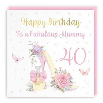 Image of Hunts England 40th Mummy High Heel And Perfume Birthday Card Luxury Gold Foil Milo&#039;s Gallery Age 40 Butterflies, Flowers, Hearts Pretty For Forty