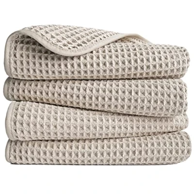 Image of POLYTE Microfibre Lint Free Hand Towel, 40 x 76 cm, 4 Pack (Beige, Waffle Weave)