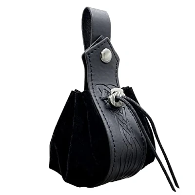 Image of HiiFeuer Medieval Faux Leather Drawstring Pouch, Retro Nordic Portable Coin Purse, Vintage Belt Pouch Dice Bag for LARP Ren Faire(Black C)