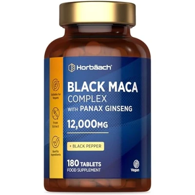 Image of Maca Root Capsules 12,000mg Black Complex with High Strength Maca, Panax Ginseng, Yellow &amp; Pepper 180 Vegan Tablets by Horbaach