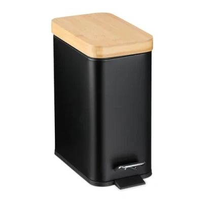 Image of Relaxdays Step Pedal Bin, 5L, Soft Close Mechanism, Removable Inside, Bathroom Cosmetic Waste, Metal, Bamboo Lid, Black, Iron, 29.5 x 14 29 cm
