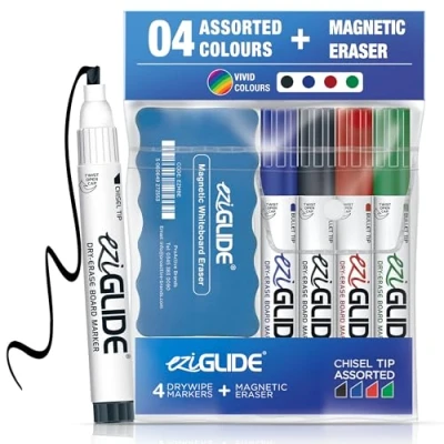 Image of Eziglide Assorted Chisel Tip Whiteboard Pens 4 Pack with Magnetic Eraser, Black, Red, Blue &amp; Green Markers, Dry Wipe for Whiteboard, Colour White Board Markers Erasable