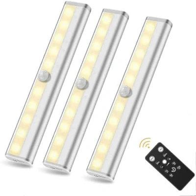 Image of VABOO Under Cupboard Lights, 10 LED Cabinet Lights with Remote Control, Battery Powered Closet Light Wardrobe Kitchen Light, Stick on for Closet, Stairs, 3 Pack,Warm White