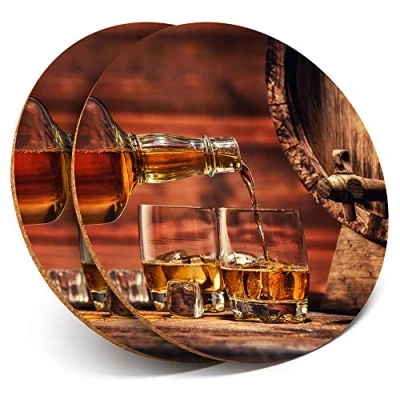 Image of 2 x Round Coasters Whisky Glasses Barrel Whiskey Cork Backed Home Kitchen Accessory Tea Coffee Mug Mat #15687