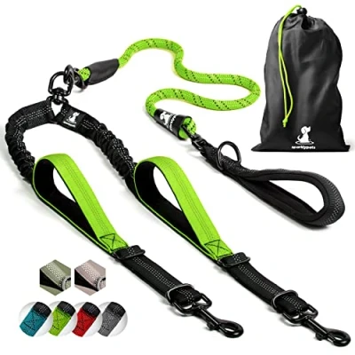 Image of SparklyPets Double Dog Lead For 2 Dogs Rope Bungee Dual Medium and Large with Padded Handles, No Tangle &amp; Reflective Stripes (Green, Dogs)