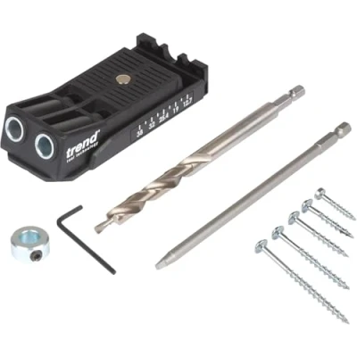 Image of Trend Twin Pocket Hole Jig with HSS Drill Bit &amp; Depth Setting Collar, Square Drive Screws Selection, PH/JIG/C