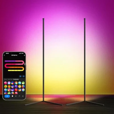 Image of LuminexDesigns 2 Pack LED Corner Floor Lamp Colour Changing Smart RGBIC Standing Black 150cm Dimmable Alexa Remote App Control Modern Mood Ambient Light Bar Music Sync for Living Room Bedroom