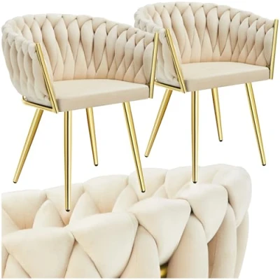 Image of TecTake® Set of 2 Velvet Dining Chairs with Knot Design, Soft &amp; Thick Foam Padding, Sturdy Black Steel Legs Height Adjustable Feet Accent Chair for Room, Kitchen Living Room