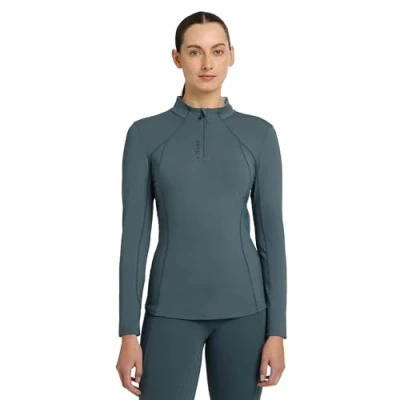 Image of LeMieux Base Layer Sweat Wicking Fabric Breathable Vented Under Arms 360 Stretch 50+ UV Protection Ultra Soft Seam Flat Lock Stitching Petrol UK14