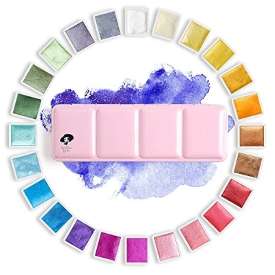 Image of Paul Rubens Professional Watercolour Paint Set, 24 Metallic Colours Artist Grade Watercolour, Pink Portable Metal Case with Palette, Perfect for Beginners, Hobbyists and Artists.