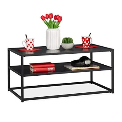 Image of Relaxdays Coffee, Rectangular &amp; Low, Shelf, MDF Metal, Modern Living Room Table, HWD 42 x 90 50 cm, Black