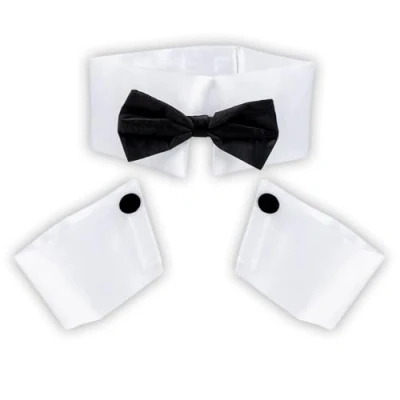 Image of Boland Stripper Set for Men White Collar with Bow Tie and 2 Cuffs, Standard Size, Ideal Costume Parties Themed Events