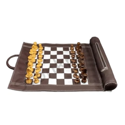 Image of StonKraft 19&quot; x 15&quot; (Chess Board Size 12&quot; 12&quot;) Genuine Roll Up Leather Chess Set with Wooden Pieces Brown Colour Comes a Innovative Carry Pouch