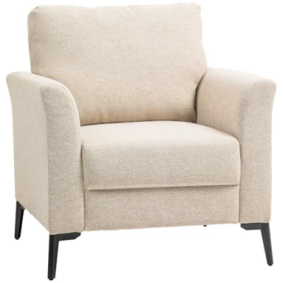 Image of HOMCOM Modern Armchair, Linen Fabric Upholstered Accent Chair with Metal Legs, Wood Frame and Padded Cushion for Living Room Bedroom Office, Beige