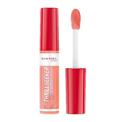 Image of Rimmel Thrillseeker Glassy Gloss 250 Peachy Vibes, Hydrating Shine, Hyaluronic Acid, Anti Oxidant Complex, Non Sticky, Big Applicator, Healthy Looking Lips, Delicious Scent, Vegan, Cruelty Free
