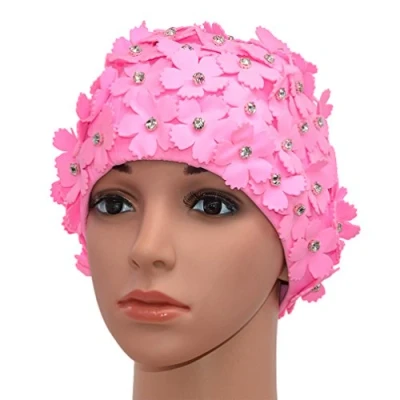 Image of Medifier Manual Rhinestone Floral Petal Retro Style Swim cap Bathing Caps for Women Pink