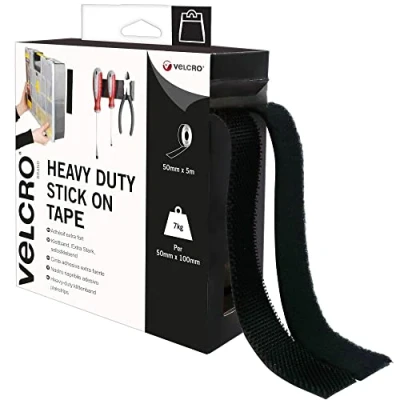 Image of VELCRO Brand Heavy Duty Stick On Tape Cut to Length Industrial Extra Strong Double Sided Hook &amp; Loop Self Adhesive Perfect for Room Décor Home, Office, Garage Use Black 50mm x 5m