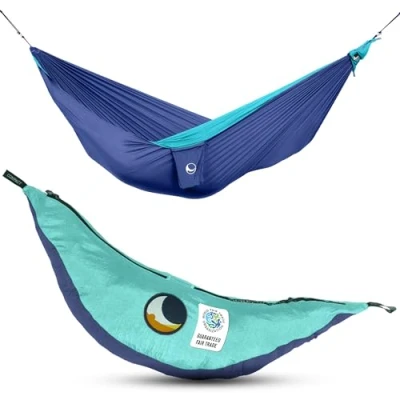 Image of Ticket to the Moon Fair Trade &amp; Handmade 1 2 Person Original Lightweight Hammock ROYAL BLUE/TURQUOISE for Travelling, Camping and Everyday Use, XL 3.2 * 2m, 600g, Parachute Silk, Set Up &lt; min.
