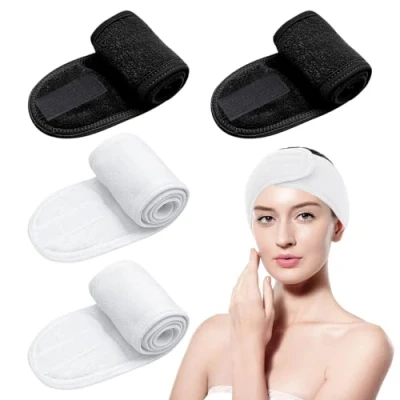 Image of SYEYCW 4 Pcs Makeup Headband, Spa Adjustable Facial Women Head Band Wraps, Loop Yoga Headband Self Adhesive Towel, for Washing Face, Bath, Sport,
