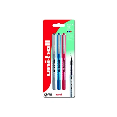 Image of Uni ball UB 157D Eye Designer Rollerball Pens. Premium Medium 0.7mm Ballpoint Tip for Super Smooth Handwriting, Art and Drawing. Fade Water Resistant Liquid Ink. 3 Pack Black, Blue &amp; Red