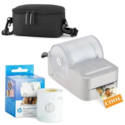 Image of HP Sprocket Panorama Instant Portable Color Label &amp; Photo Printer (Grey) Starter Bundle with case Zink roll