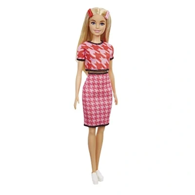 Image of Barbie Fashionistas Doll #169 with Long Blonde Hair &amp; Houndstooth Crop Top Skirt, Platform Shoes 2 Barrettes, Toy for Kids 3 to 8 Years Old, GRB59