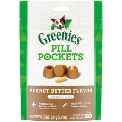 Image of Greenies PILL POCKETS for Dogs Capsule Size Natural Soft Dog Treats with Real Peanut Butter, 7.9 oz. Pack (30 Treats)