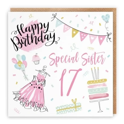 Image of Hunts England Sister 17th Birthday Card Happy Special 17 Party Collection Fun, Pink Dress, Cake Pretty