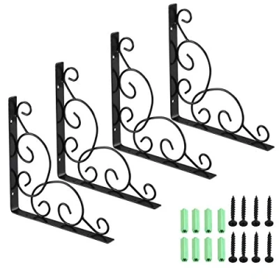 Image of Winomo, wall mounted, floral shelf brackets, black, 4 pieces