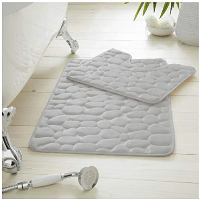 Image of GC GAVENO CAVAILIA Memory Foam Stone Bath Mat Quick Dry, Pebble Non Slip, Ultra Absorbent Washable Bathroom Rug Pedestal Toilet Mats Sets 2 Pieces, Silver