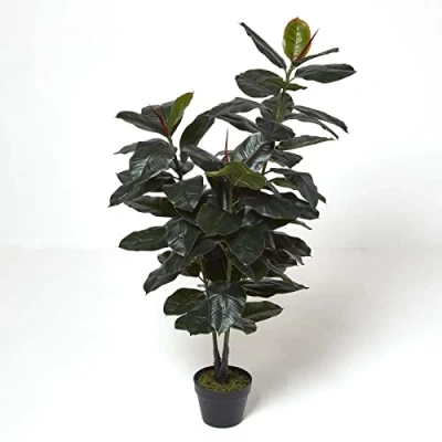 Image of HOMESCAPES 130 cm Tall Artificial Rubber Plant in Pot Faux Ficus Tree with Real Touch Leaves for Indoor Decoration