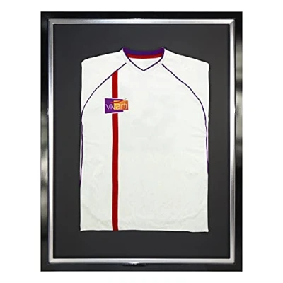 Image of Vivarti DIY Adult Standard Sports Shirt Display Frame for Football Shirt, Rugby Band T Shadow Box 60 x 80cm Gloss Black Frame, Silver Inner Backing Card