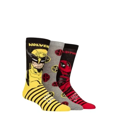 Image of Mens 3 Pair Marvel Deadpool and Wolverine Cotton Socks Assorted 12 14