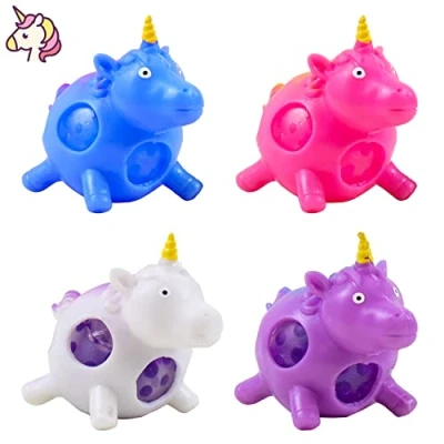 Image of 1x Random Colour Unicorn Stress Relief Toy Filled with Crystal Bead, Animal Shape Sensory Fidget Squeezy Summer Toy, Soft Stretchy Ball 9cm