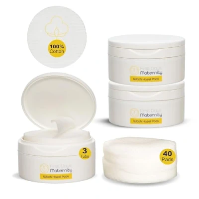 Image of First Days Maternity Witch Hazel Pads, Cotton Pads for Postpartum and General Use, Round, 8 cm Diameter, 120 GSM Thickness, Pack of 3 Tubs, (40 Per Tub)