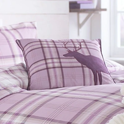 Image of Catherine Lansfield Home Tartan Stag Embroidered Cushion Cover, Heather, 43 x Cm
