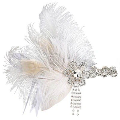 Image of BABEYOND Women&#039;s Peacock Feather Headband 1920s Flapper Headpiece Vintage with Crystal Great Gatsby Accessories for Pageant Themed Party Wedding White(Size: One Size)