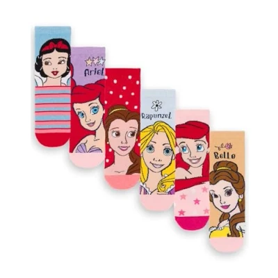 Image of Disney Princess Girls Socks Pack of 6 Kids Multicoloured Character Snow White Ariel Belle Rapunzel Graphic Footwear Comfortable Childrens Sock Set Bundle Movie Merchandise Gift