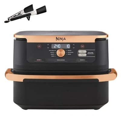 Image of Ninja Foodi FlexDrawer Air Fryer, Tongs, Dual Zone, Removable Divider, Large 10.4L Drawer, 7 in 1, Fry, Roast, Bake, Crisp, Non Stick Dishwasher Safe Parts, Black &amp; Copper, AF500UKCP