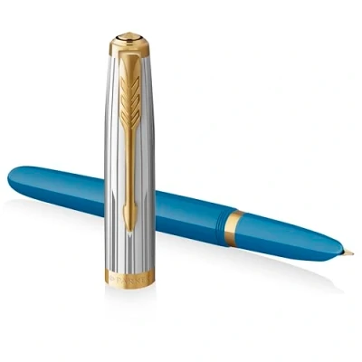 Image of Parker 51 Premium Collection Fountain Pen Turquoise with Gold Trim Fine Nib Gift Boxed