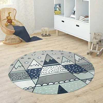 Image of Paco Home Kids Rug Round Room Girls Boys Star Moon Elephant Rainbow, Size:Ø 120 cm round, Colour:Grey