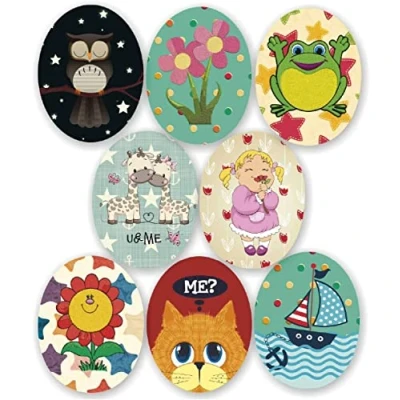 Image of 8 Screen Printed Children&#039;s Knee Patches for Ironing on Clothes. Thermo Adhesive Applications Repairing and Decorating Trousers, Jackets, Jumpers, Backpacks, etc. (Drawings)