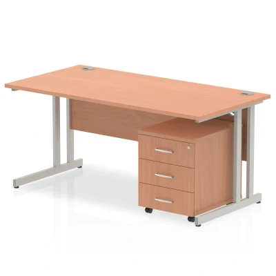 Image of DYNAMIC Impulse 1400mm Cantilever Straight Desk With Mobile Pedestal Beech Silver 3 Drawer