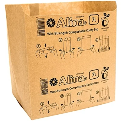 Image of 50 x Alina 6L to 8L Compostable Paper Caddy Bin Bag/Food Waste Liner/Biodegradable Brown 7 Litre Sack (50 bags)