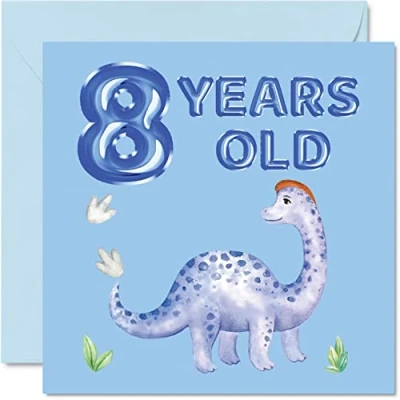 Image of 8th Birthday Card Dinosaur &amp; Balloons Happy 8 Year Old Boy, Boys Cards for Him, 145mm x Greeting Son Nephew Grandson Kid Children